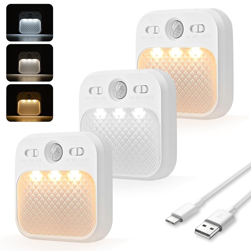 ELEPHANTBOAT 3Pcs Motion Sensor Led Night Light, Rechargeable Night Light with 3 Colour Temperature, Dimmable Brightness Night Light for Stairs Bedroom Bathroom Hallway ELEPHANTBOAT 3Pcs Motion Sensor Led Night Light, Rechargeable Night Light with 3 Colour Temperature, Dimmable Brightness Night Light for Stairs Bedroom Bathroom Hallway